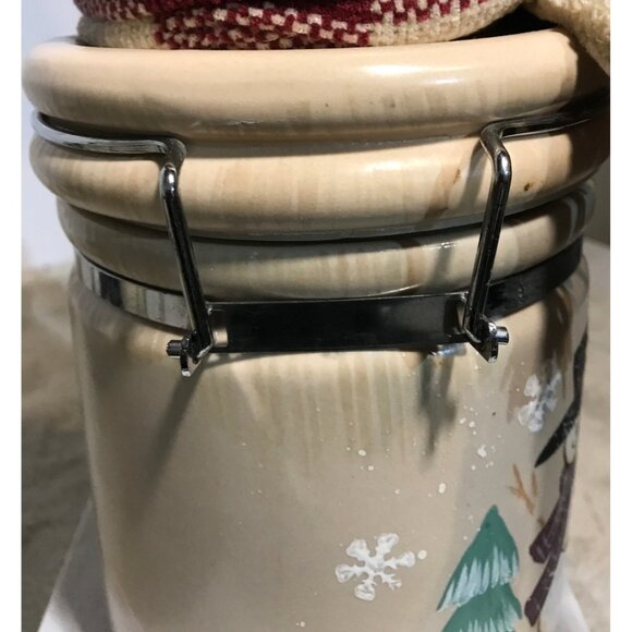 Snowman Ceramic Cannister Hinged Jar Fabric Hat & Scarf 11" Tall11 - Picture 12 of 16